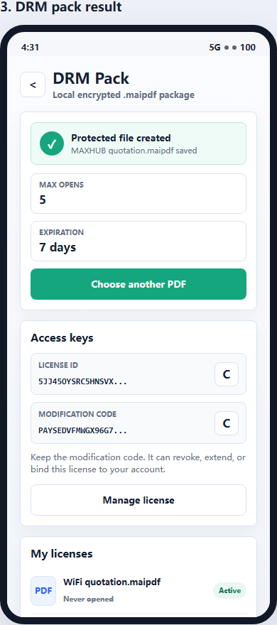 DRM Pack result screen for MaiPDF App DRM