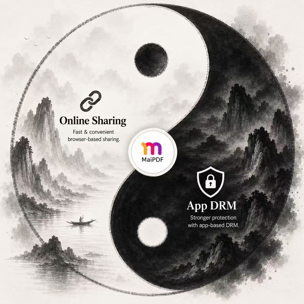 MaiPDF square ink taiji concept showing Online Sharing and App DRM
