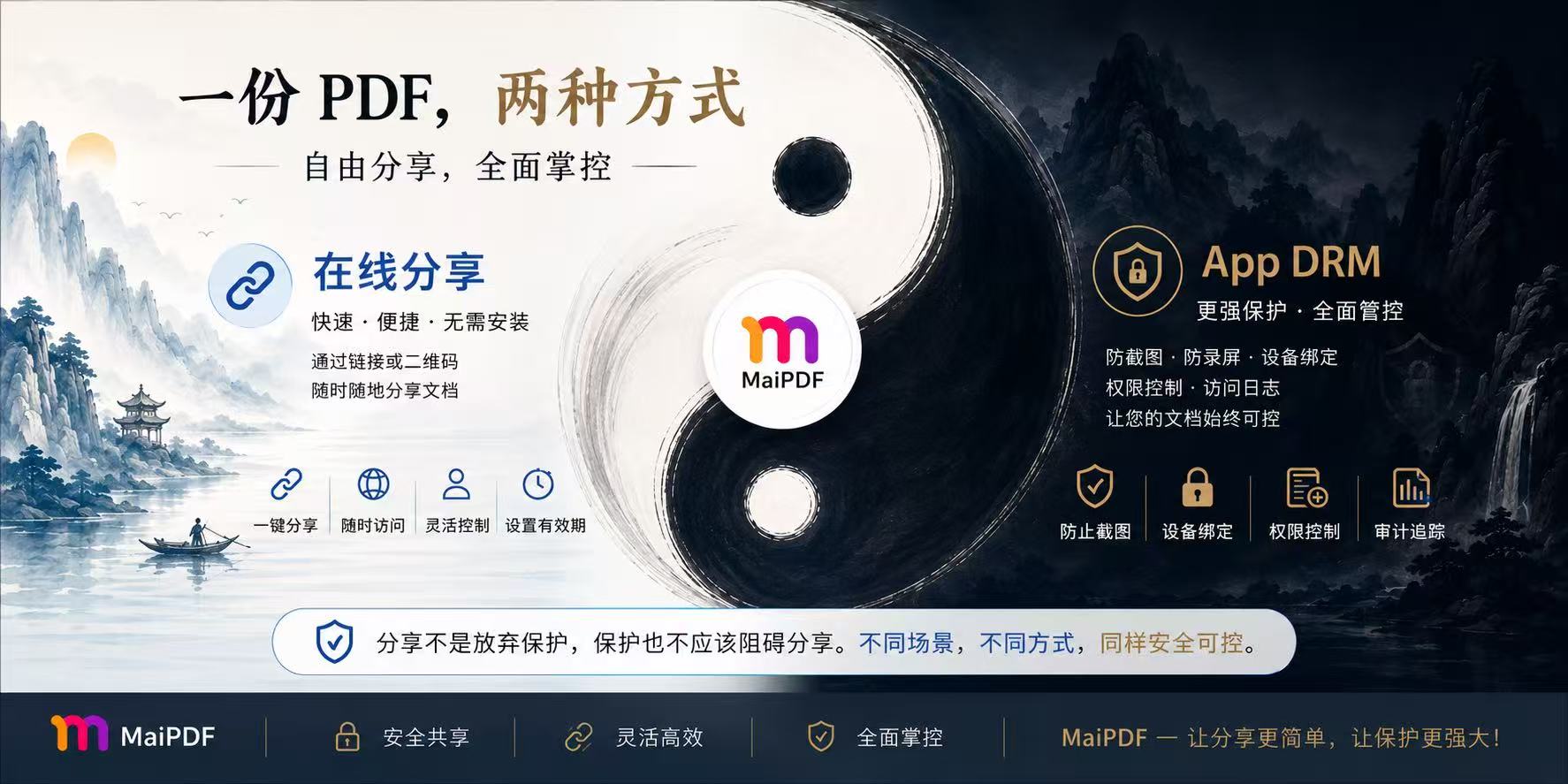 MaiPDF Chinese wide taiji concept: one PDF, two ways, Online Sharing and App DRM