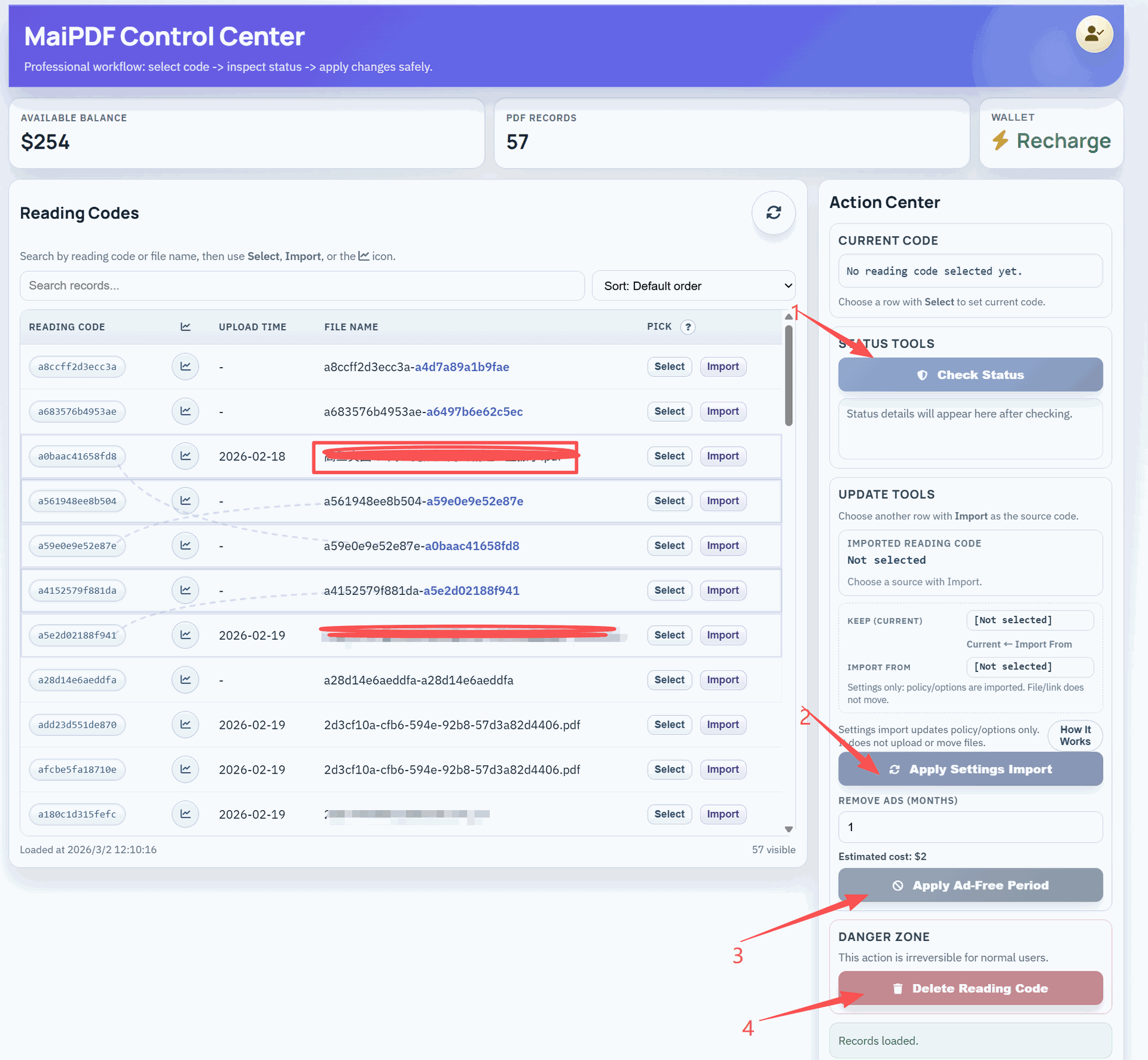 Control panel with reading code management