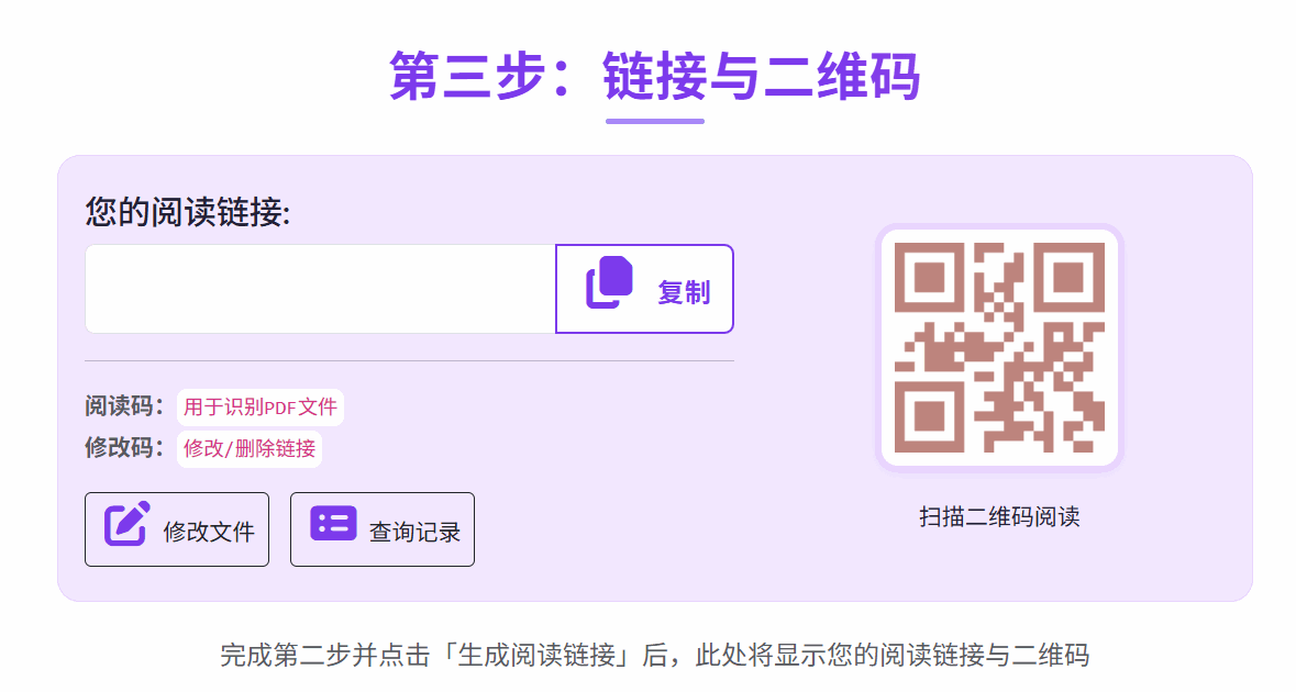 生成结果页：显示阅读链接、二维码、阅读码和修改码